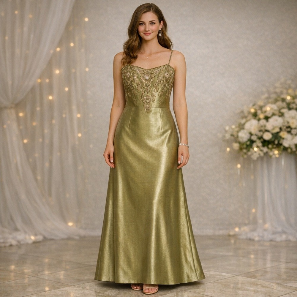 Xscape Evening Gown Women 16 Gold Beaded Y2K Style Formal Prom Dress Ethereal